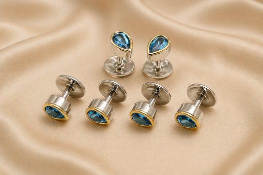 PEAR CUT Men’s Cufflinks & Tuxedo Studs Set 925 Sterling Silver 22K Yellow Gold Plated Formal Jewelry