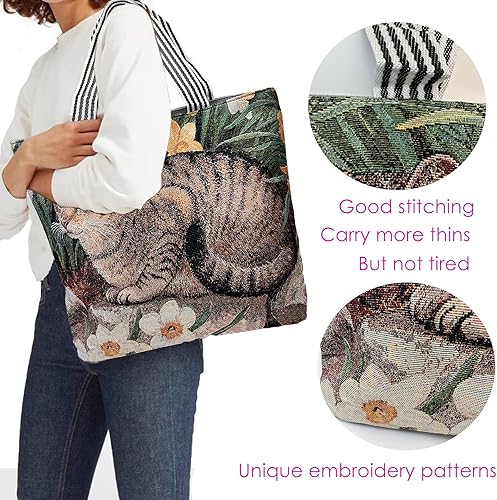 Cute Tabby Cat Canvas Tote Bag with Zipper