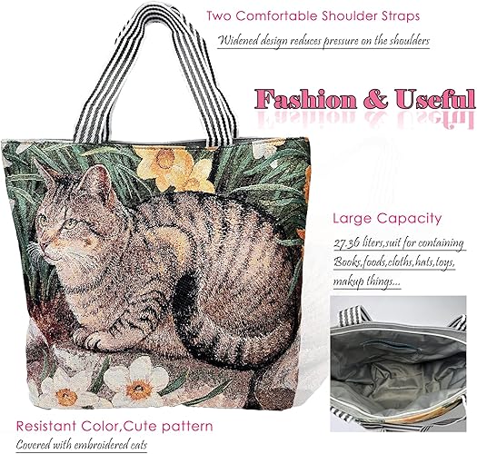 Cute Tabby Cat Canvas Tote Bag with Zipper