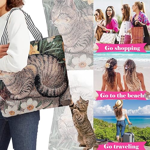 Cute Tabby Cat Canvas Tote Bag with Zipper