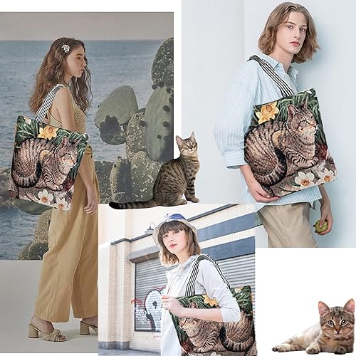 Cute Tabby Cat Canvas Tote Bag with Zipper