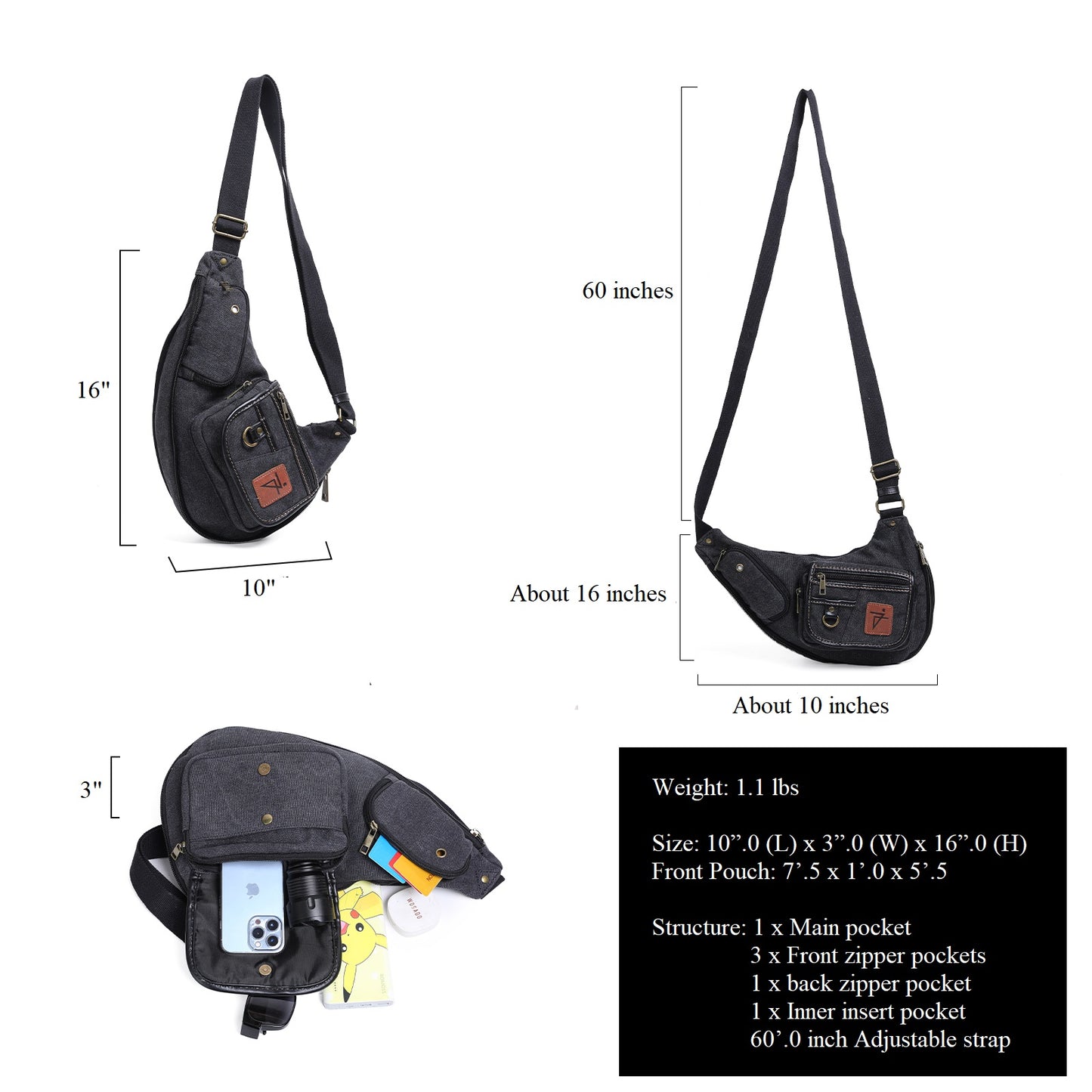 Anti Theft Hiking Sling Bag Water Resistant
