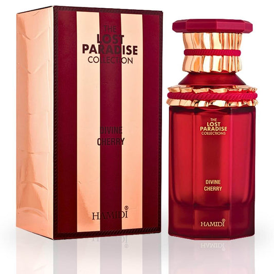 Hamidi Divine Cherry perfume bottle and packaging from The Lost Paradise Collection.
