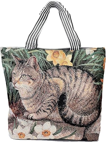 Cute Tabby Cat Canvas Tote Bag with Zipper