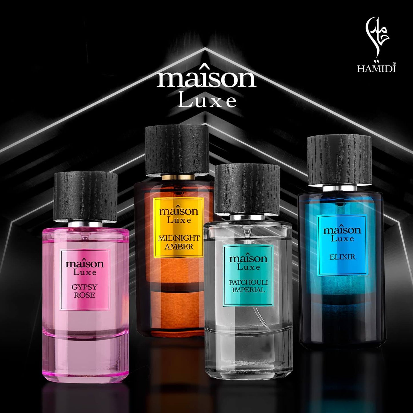 Hamidi Patchouli Imperial perfume displayed alongside Gypsy Rose, Midnight Amber, and Elixir from maison Luxe.