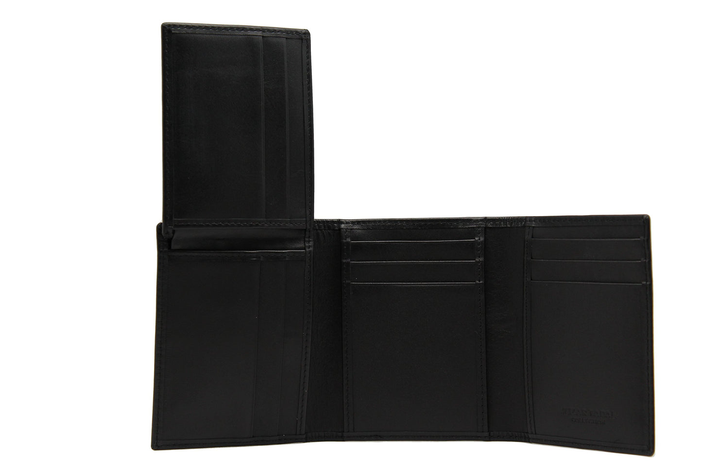 L-Fold trifold leather wallet opened showcasing multiple card slots and a sleek design in black genuine leather.