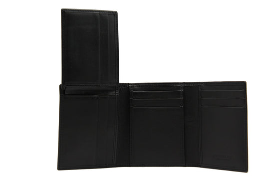 L-Fold trifold leather wallet opened showcasing multiple card slots and a sleek design in black genuine leather.