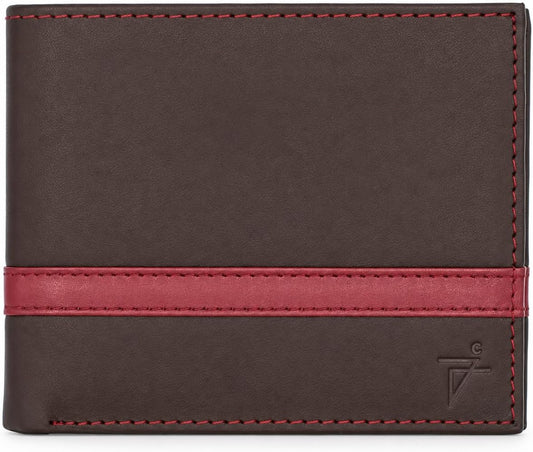 Men’s Genuine Leather Bifold Wallet with RFID Protection & Red Stripe Trim