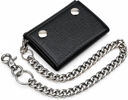 Men’s Genuine Leather Biker Trifold Wallet with Chain