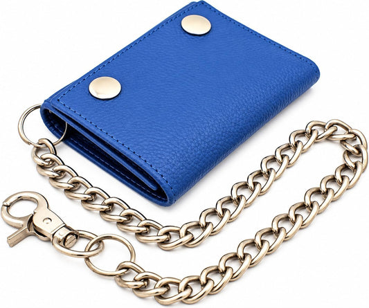 Men’s Genuine Leather Biker Trifold Wallet with Chain