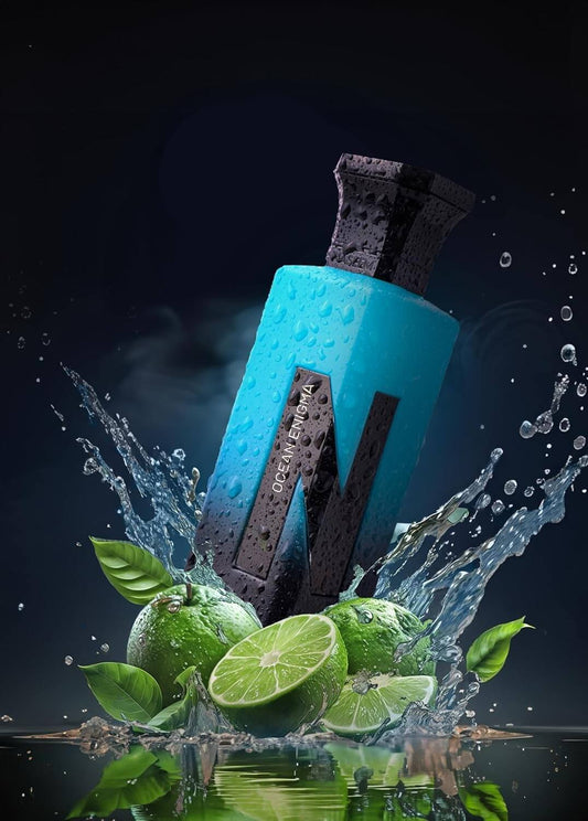 Naseem Ocean Enigma perfume bottle with refreshing oceanic notes and lime on water splashes.