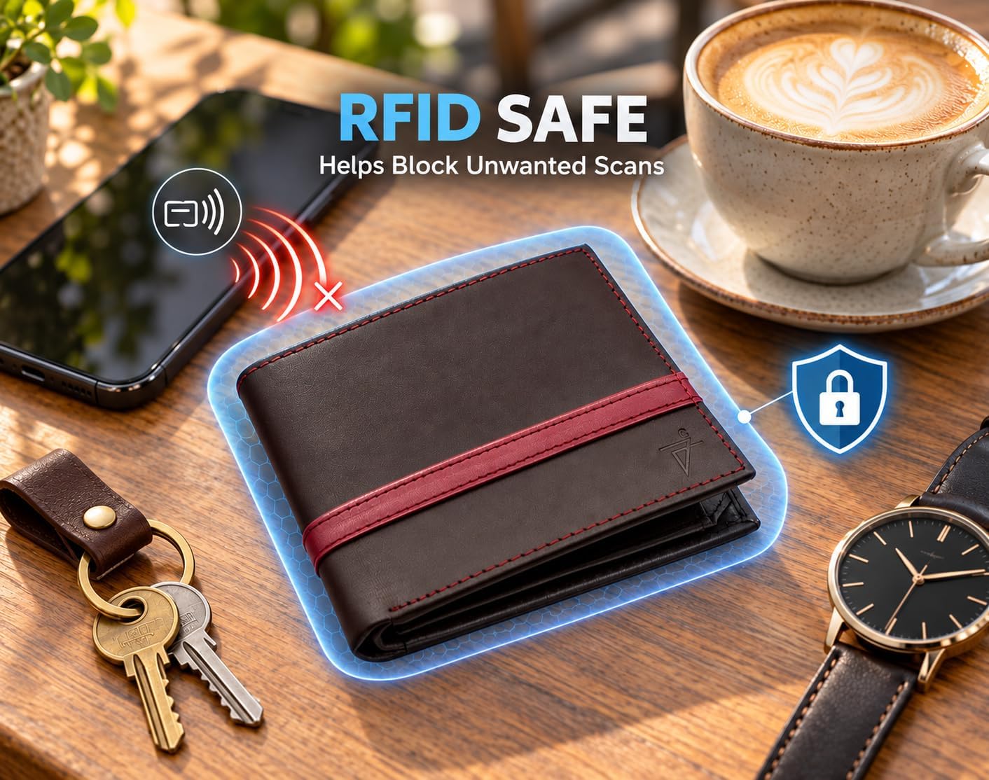 Men’s Genuine Leather Bifold Wallet with RFID Protection & Red Stripe Trim