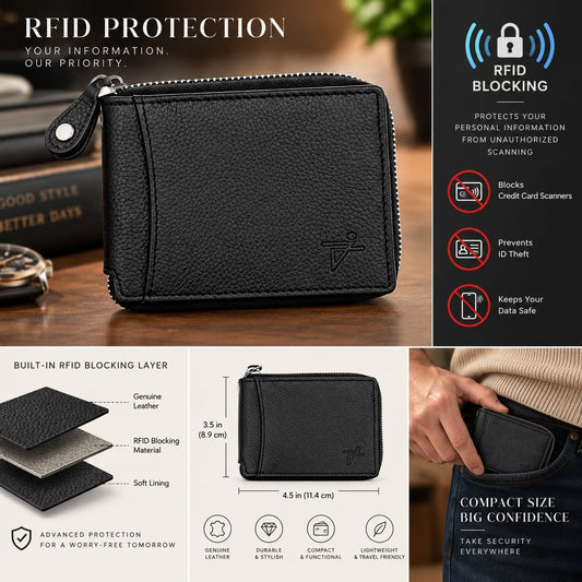 Zip Around RFID Leather Wallet for Men – BiFold Design