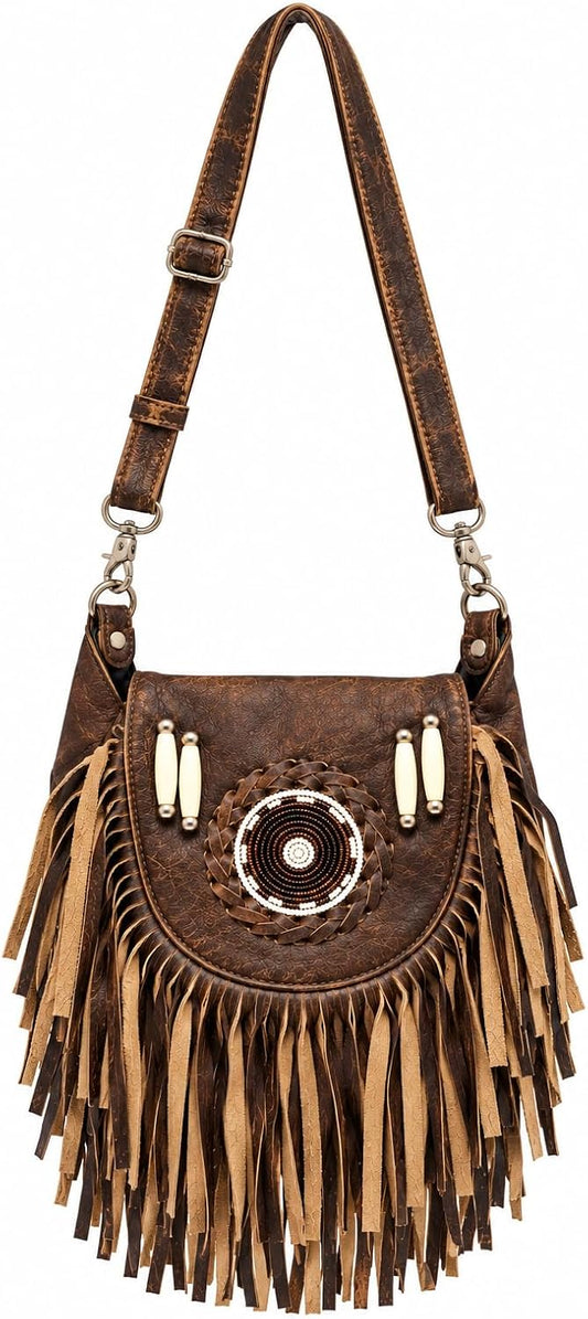 Leather Boho Fringe Crossbody Bag – Handcrafted Purse