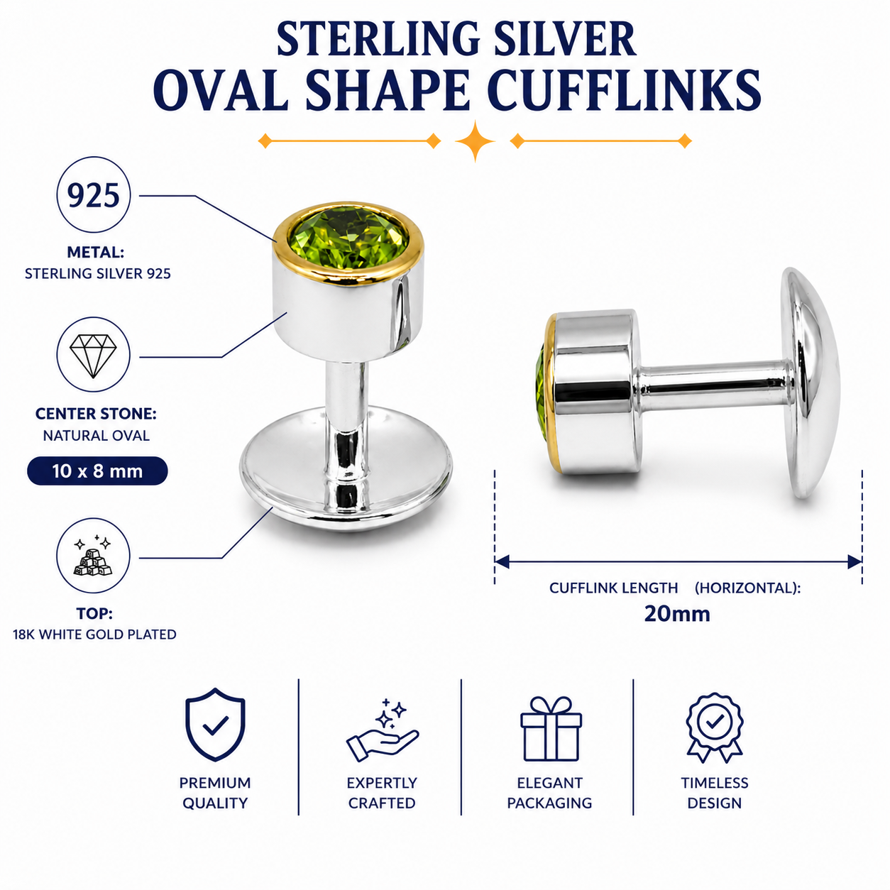 Natural Stone Oval Shape Cufflinks – 18K White Gold Plated