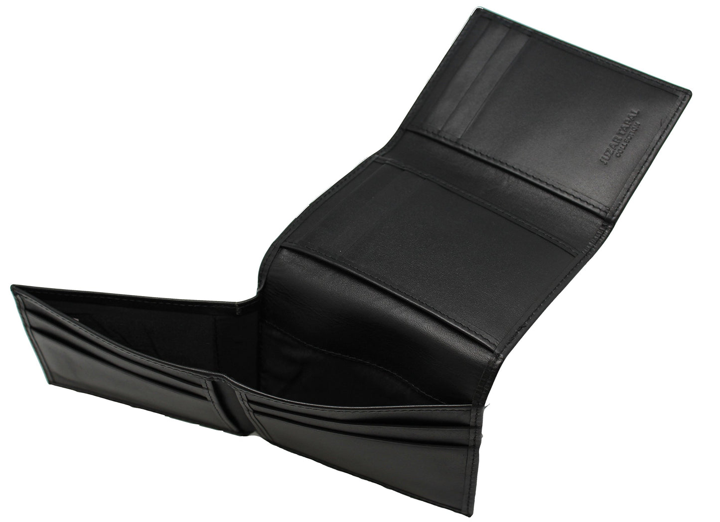 L-Fold trifold leather wallet open showcasing its sleek design and genuine leather craftsmanship.