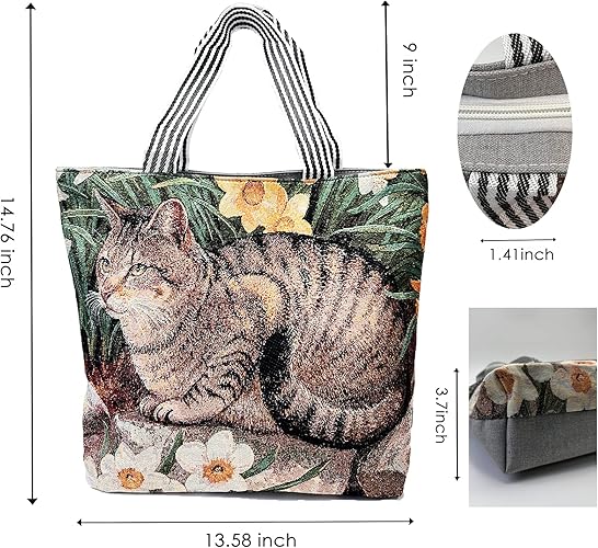 Cute Tabby Cat Canvas Tote Bag with Zipper