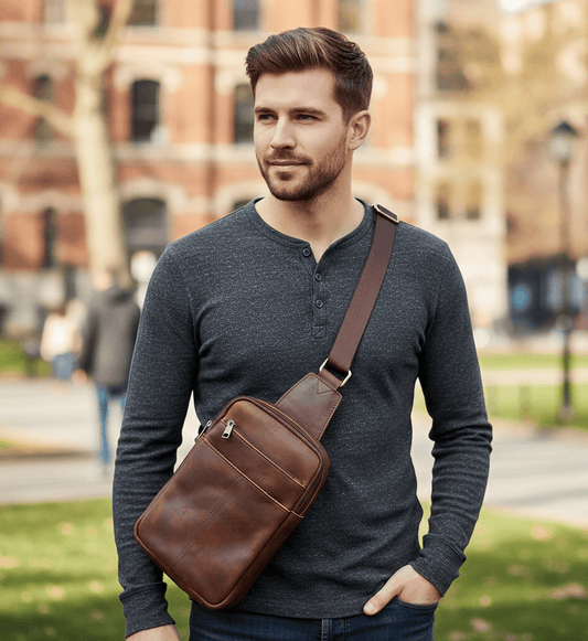 Vintage leather crossbody bag worn by a man, perfect unisex sling bag for daily use.