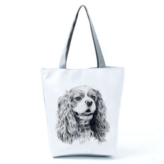Chic dog print tote bag featuring a detailed illustration of a dog's face, perfect for women who love stylish accessories.