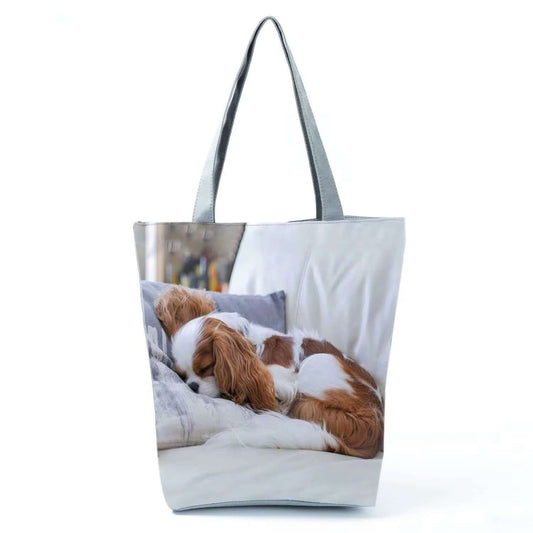 Puppy dog print tote bag featuring sleeping dogs on a cozy bed, perfect for dog lovers and daily use.