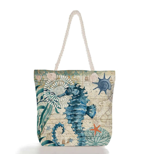 Horse Sea Fish Tote Bag for Women featuring a seahorse design with floral and nautical elements.