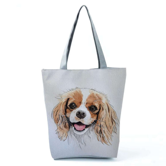 Adorable Puppy Dog Watercolor Art Reusable Tote Bag featuring a charming dog portrait on a soft gray background.