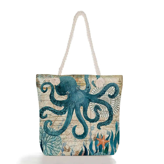 octopus tote bag for women featuring a stylish ocean print design with a vibrant blue octopus.