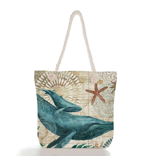 Whale Ocean Print Beach Tote Bag - Nautical Design with Rope Handles
