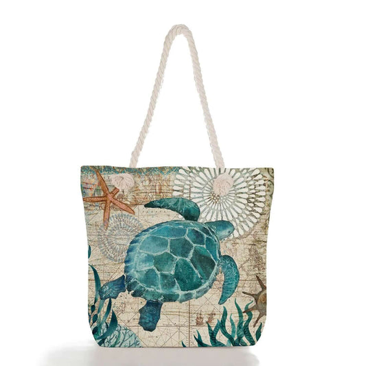 Sea Turtle Beach Tote Bag - Nautical Ocean Print with Rope Handles