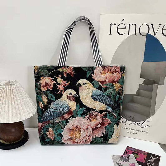 Tote bag for women with twin birds artwork and floral design, perfect for casual and travel use.