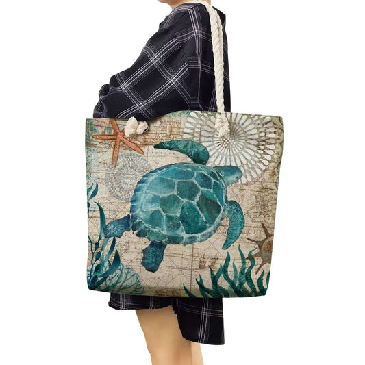 Sea Turtle Beach Tote Bag - Nautical Ocean Print with Rope Handles