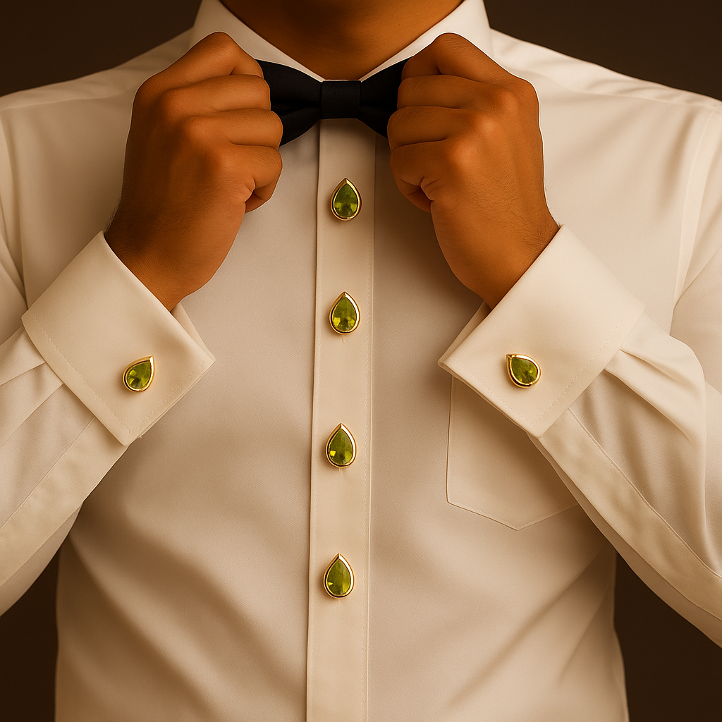 PEAR CUT Men’s Cufflinks & Tuxedo Studs Set 925 Sterling Silver 22K Yellow Gold Plated Formal Jewelry