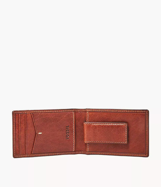 Fossil RFID front pocket wallet opened view showcasing rich brown leather and card slots.