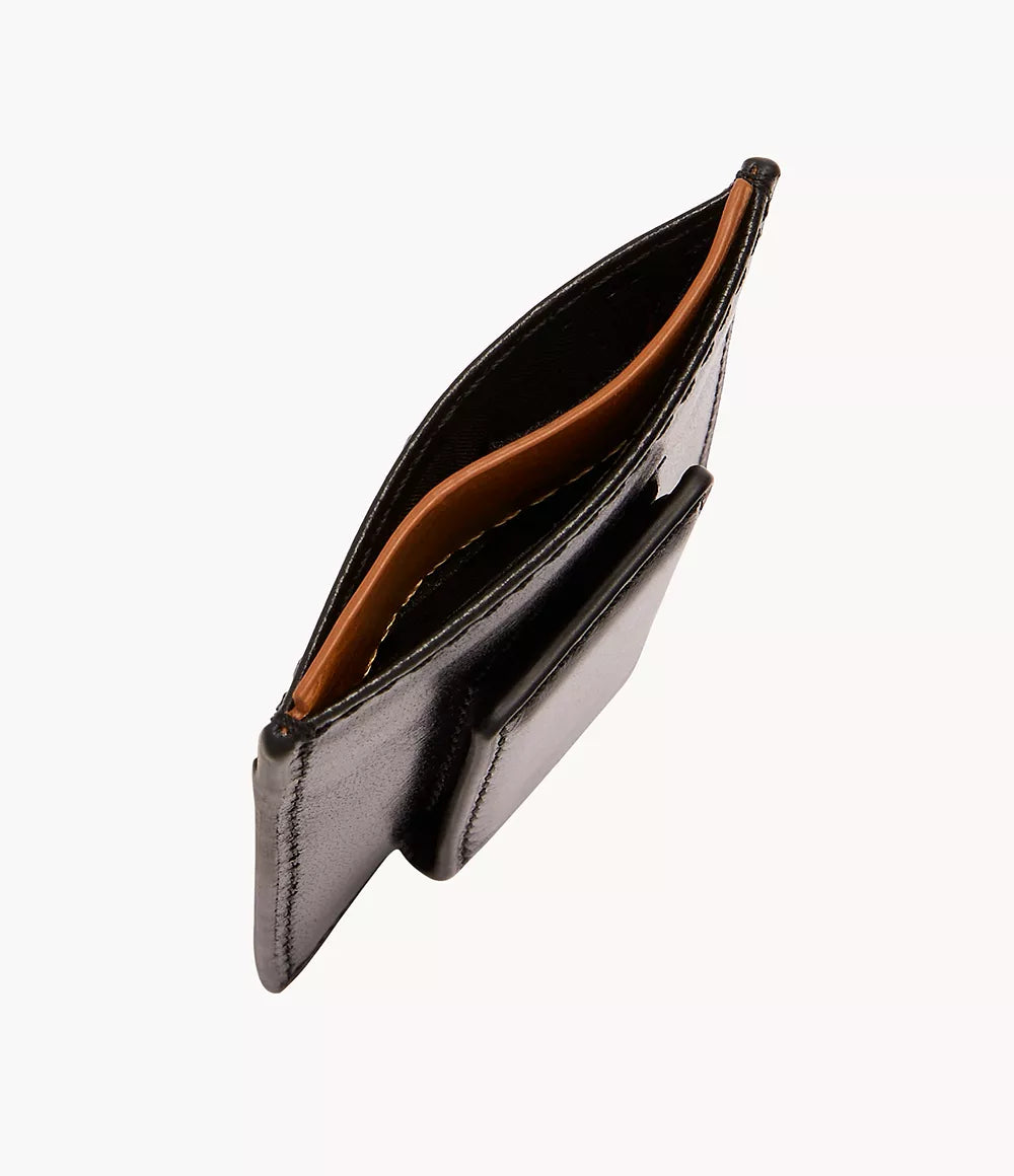 Fossil Mykel card case in black leather, showcasing a magnetic bill compartment and chic interior.