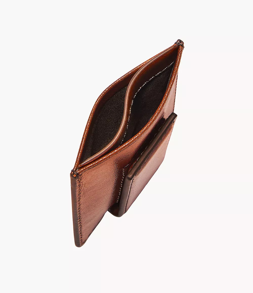 Fossil Mykel card case in black leather showcasing an interior with a magnetic bill compartment and card slots.