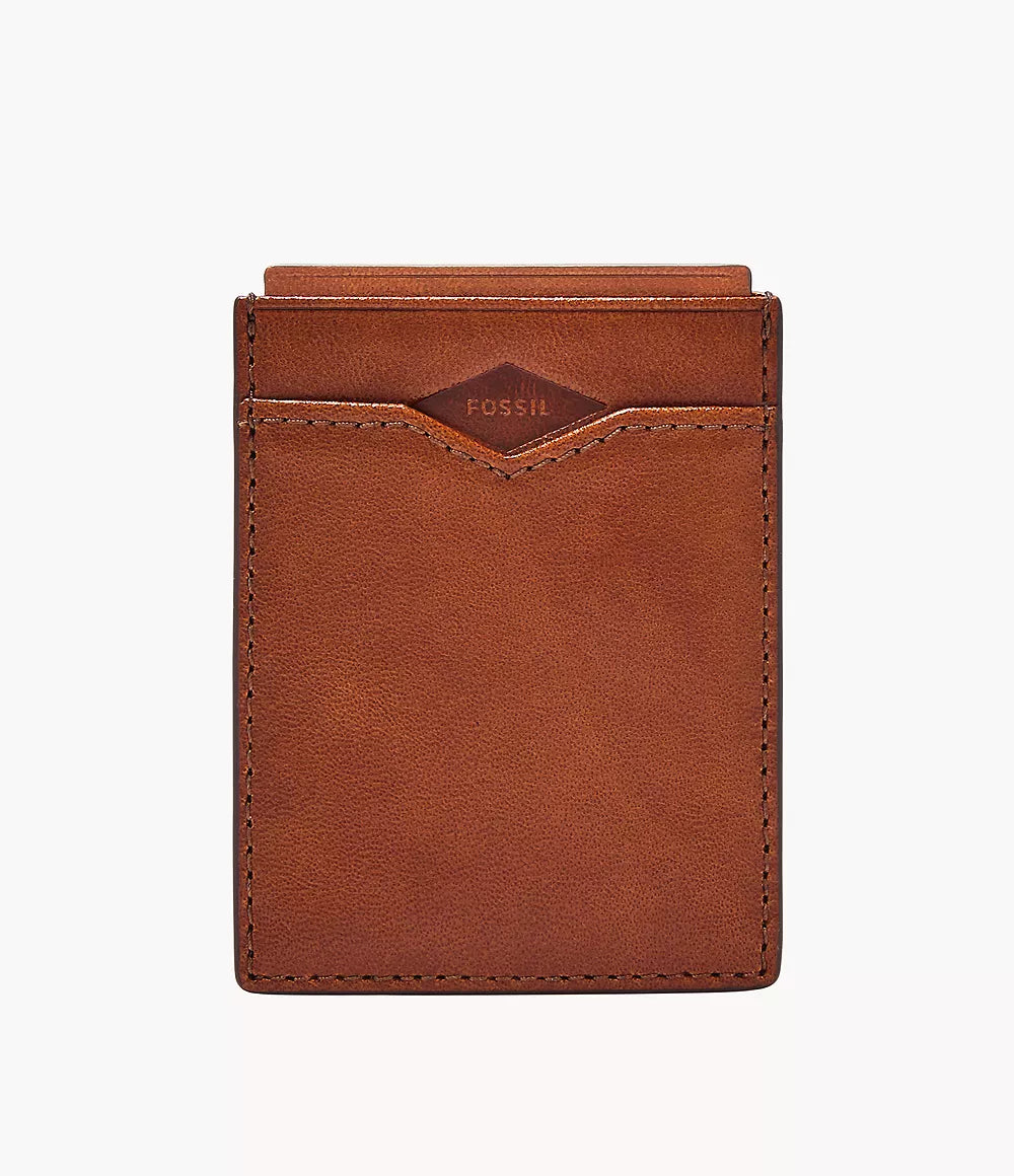 Fossil Mykel card case black leather wallet front view with card slots and logo.