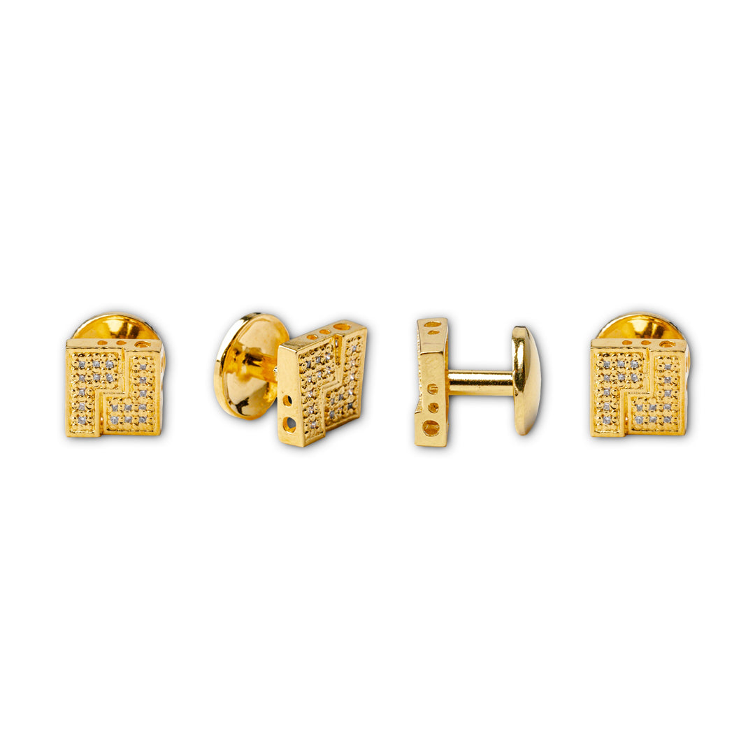 Tuxedo shirt cufflinks stud set featuring elegant 21K gold plated cufflinks with sparkling accents.