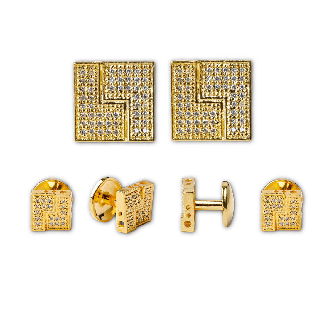 Tuxedo shirt cufflinks stud set featuring 21K gold plated cufflinks with sparkling design, ideal for formal occasions.