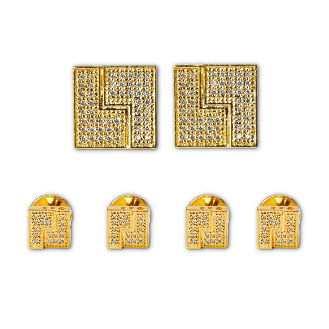 Tuxedo shirt cufflinks stud set featuring 21K gold plated design with sparkling rhinestones for formal occasions.