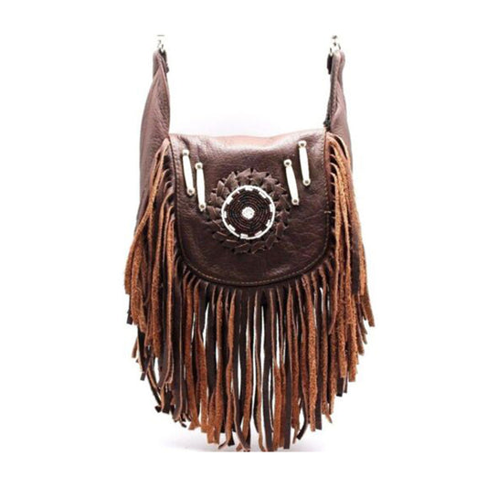 Leather boho fringe crossbody bag