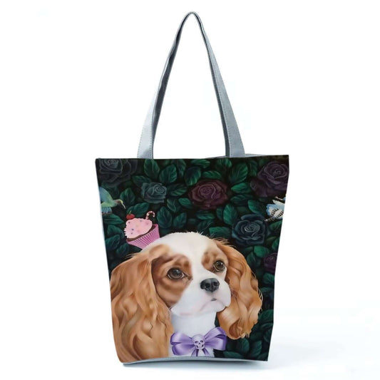 Puppy dog face tote bag featuring a charming dog illustration on a floral background.