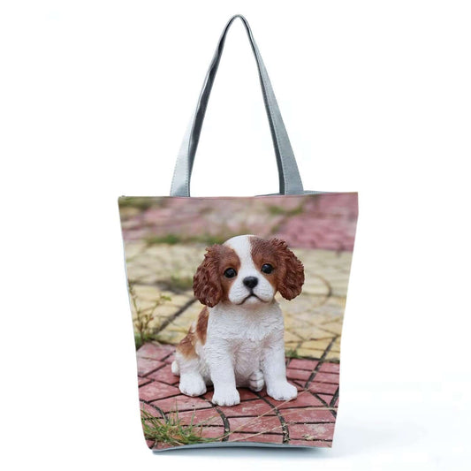 Puppy dog print tote bag featuring a cute sitting puppy design, perfect for stylish and functional everyday use.