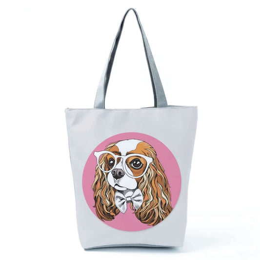 Trendy puppy dog tote bag featuring a stylish dog illustration with glasses and bowtie on a pink background.
