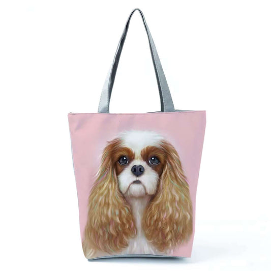 Chic dog print tote bag featuring an adorable dog portrait on a pink background, perfect for stylish women.