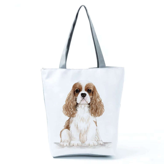 Dog Print Tote Bag featuring a stylish dog illustration, perfect for women who love fashion and functionality.