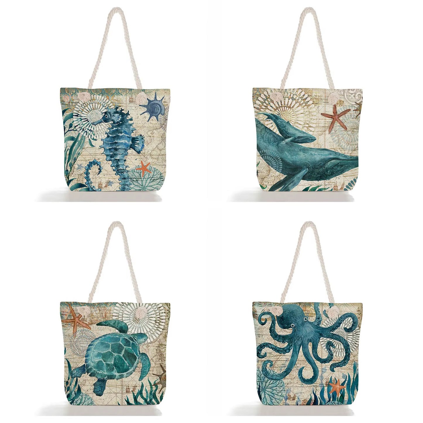 Sea Turtle Beach Tote Bag - Nautical Ocean Print with Rope Handles