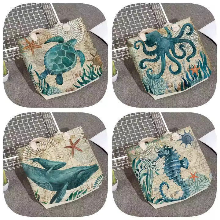 Sea Turtle Beach Tote Bag - Nautical Ocean Print with Rope Handles
