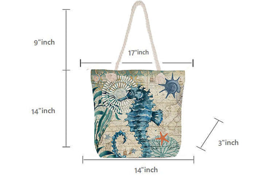 Horse sea fish tote bag dimensions and design featuring a seahorse and marine elements.