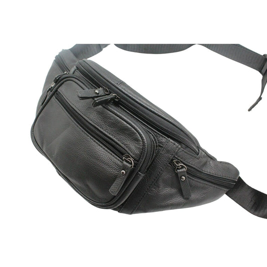 Large cow leather fanny pack - Vintage waist bag with four compartments and sleek black design.