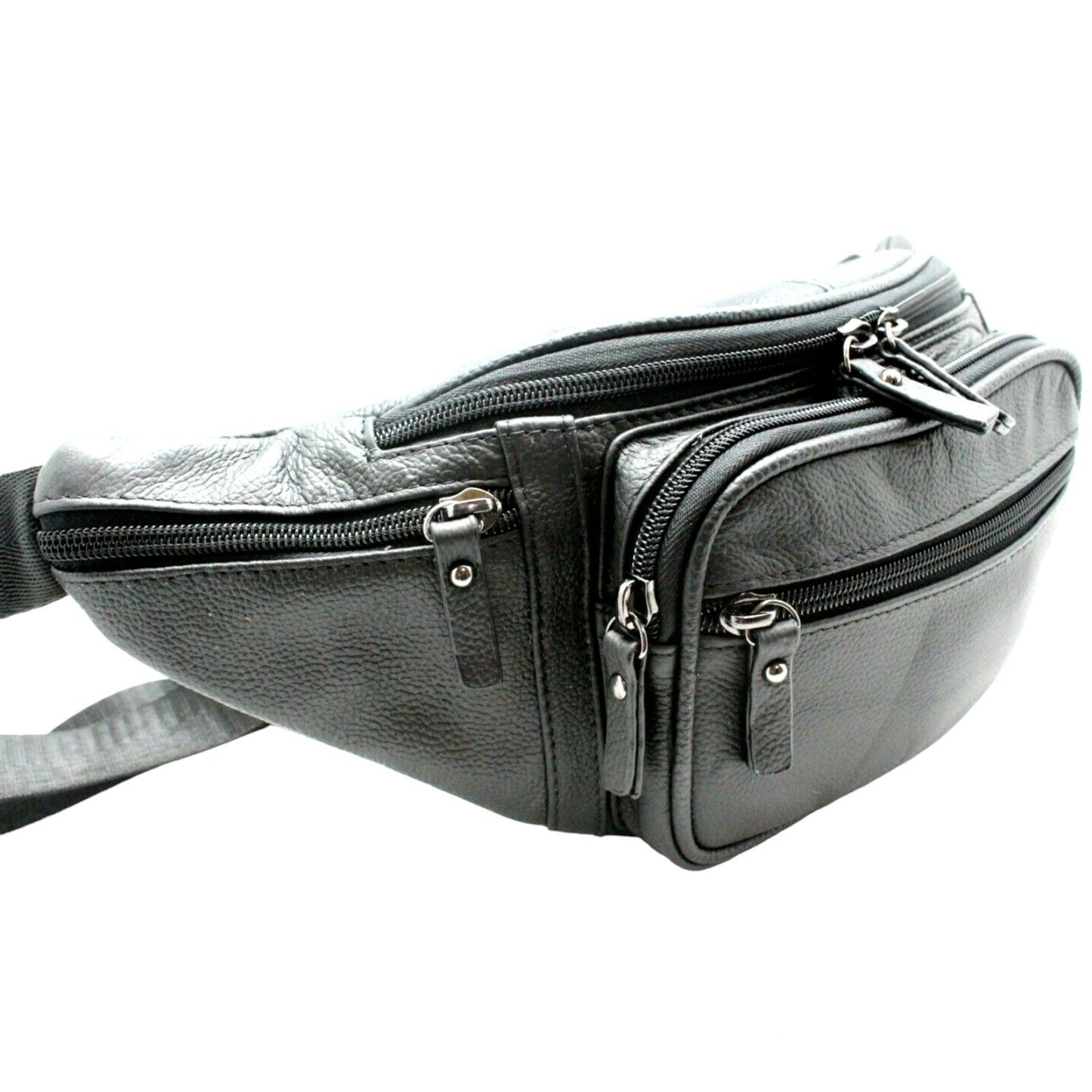 Large cow leather fanny pack in grey with multiple zippered compartments for easy organization.